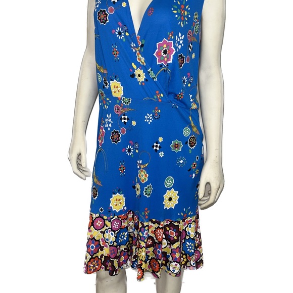 EMILIO PUCCI SLEEVELESS SURPLICE-NECK FLORAL PRINT DRESS, BLU NILO | SIZE 10 - Picture 2 of 5